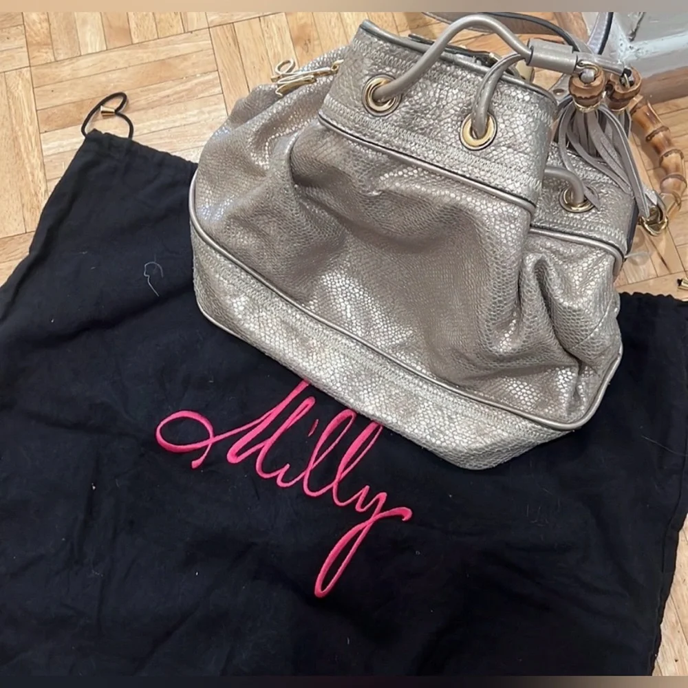 Gold Milly Bamboo Handle Drawstring Purse Handbag